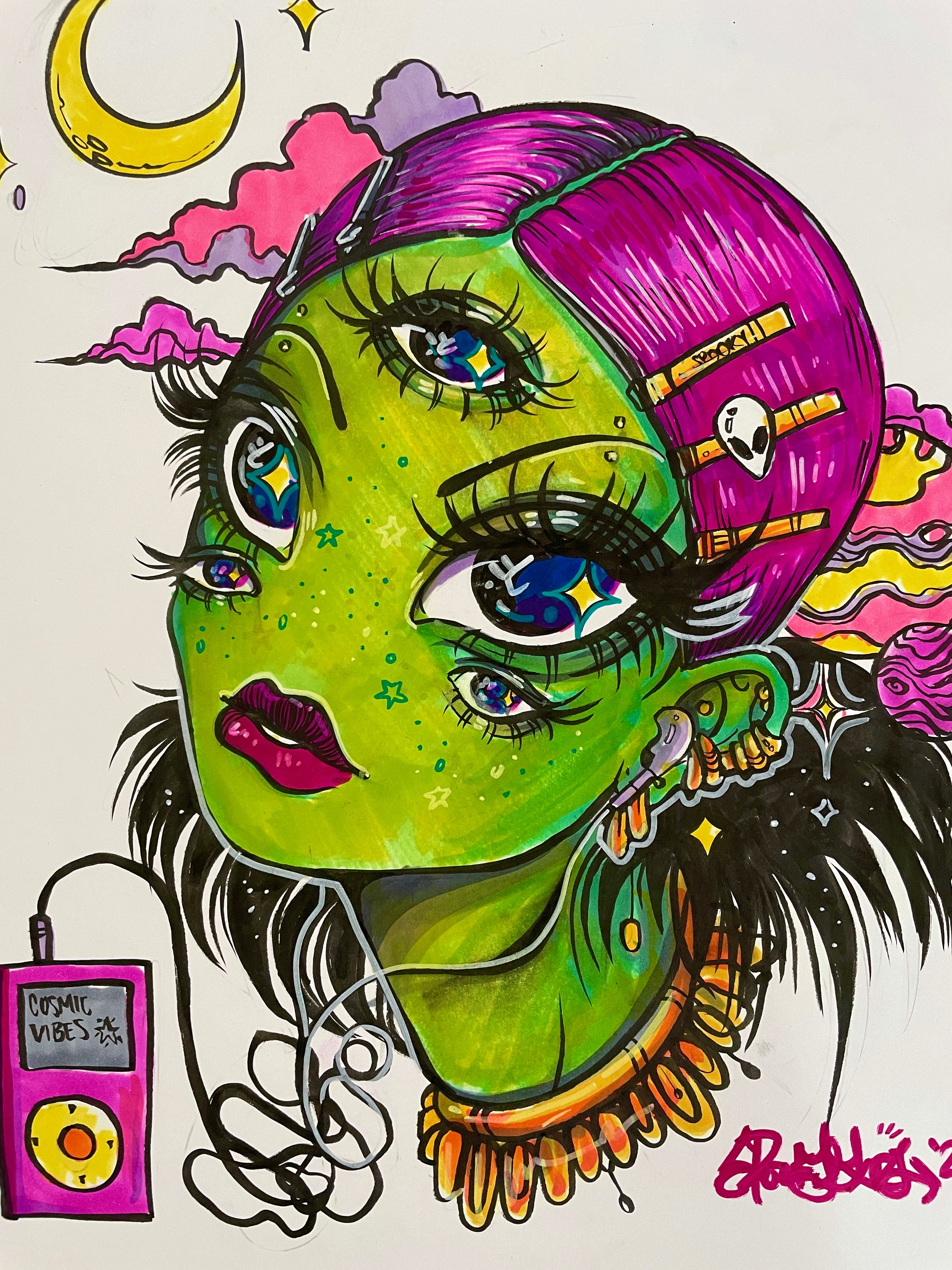 Alien Girl - Original Marker Drawing 9x12"