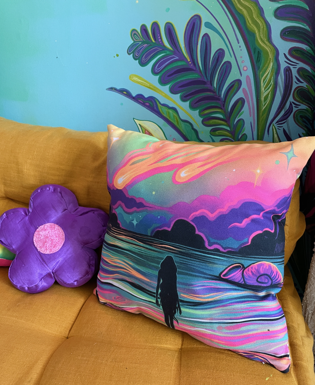 The Psychedelic Siren | Surreal Skyline Throw Pillow