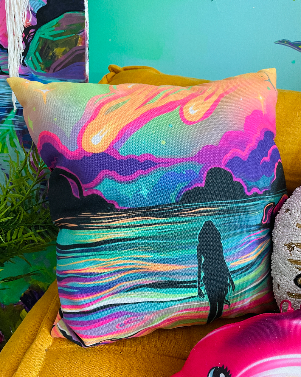 The Psychedelic Siren | Surreal Skyline Throw Pillow